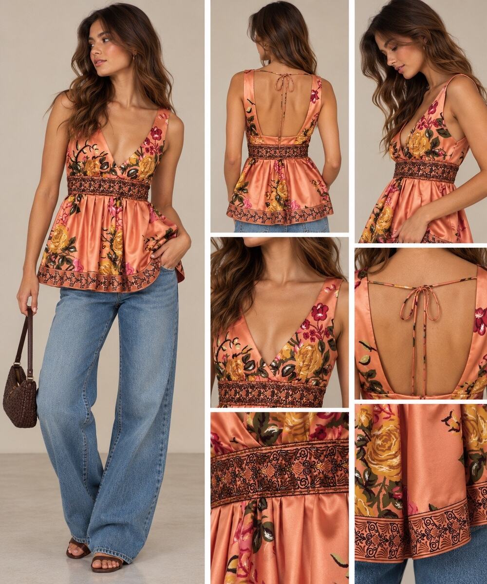 Forever 21 Y2K Satin Floral Empire Waist Top M Peach Beaded Boho 2000s